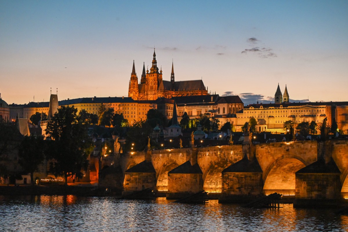 St. Vitus Cathedral and the Charles Bridge at sunset, Prague.